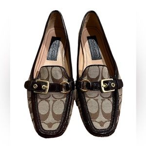 Coach Logo Stacie Brown Leather / Canvas Buckle Driving Moccasin Flats